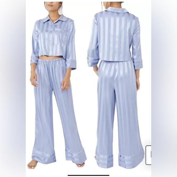 Free People Pajama Party Womens XL Blue Set Top Bottom Crop NWOT - Picture 1 of 8